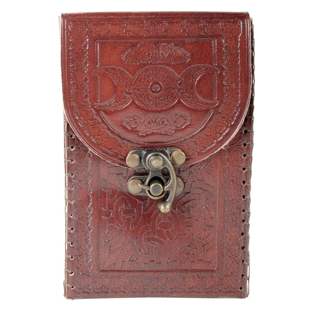 Brown leather-bound tarot card box with embossed design and metal clasp on a white background