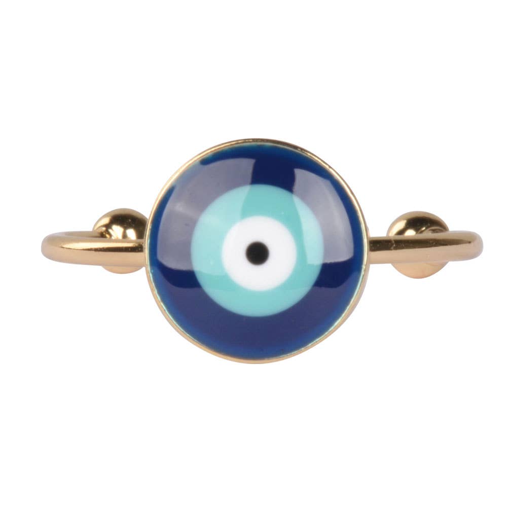Gold ring with a blue and white eye design on a white background