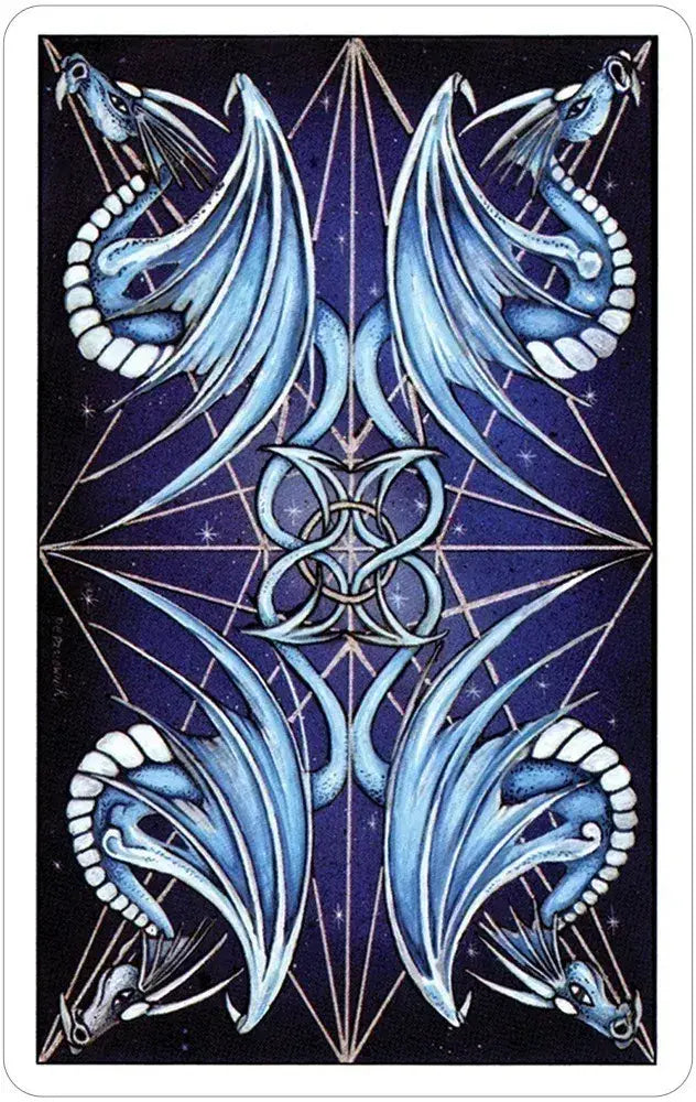 Decorative card with blue dragon design and geometric patterns on a dark background