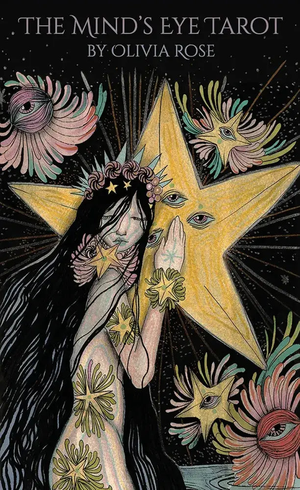 Cover of 'The Mind's Eye Tarot' by Olivia Rose featuring a woman with tattoos holding a large star.