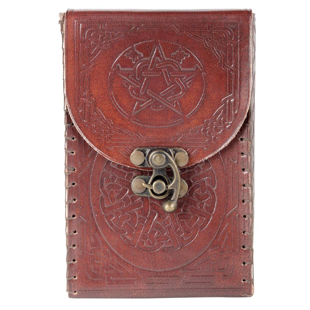 Brown leather pouch with pentagram design and metal clasp on a white background