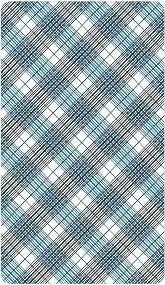 Plaid patterned rug with blue and black lines on a white background