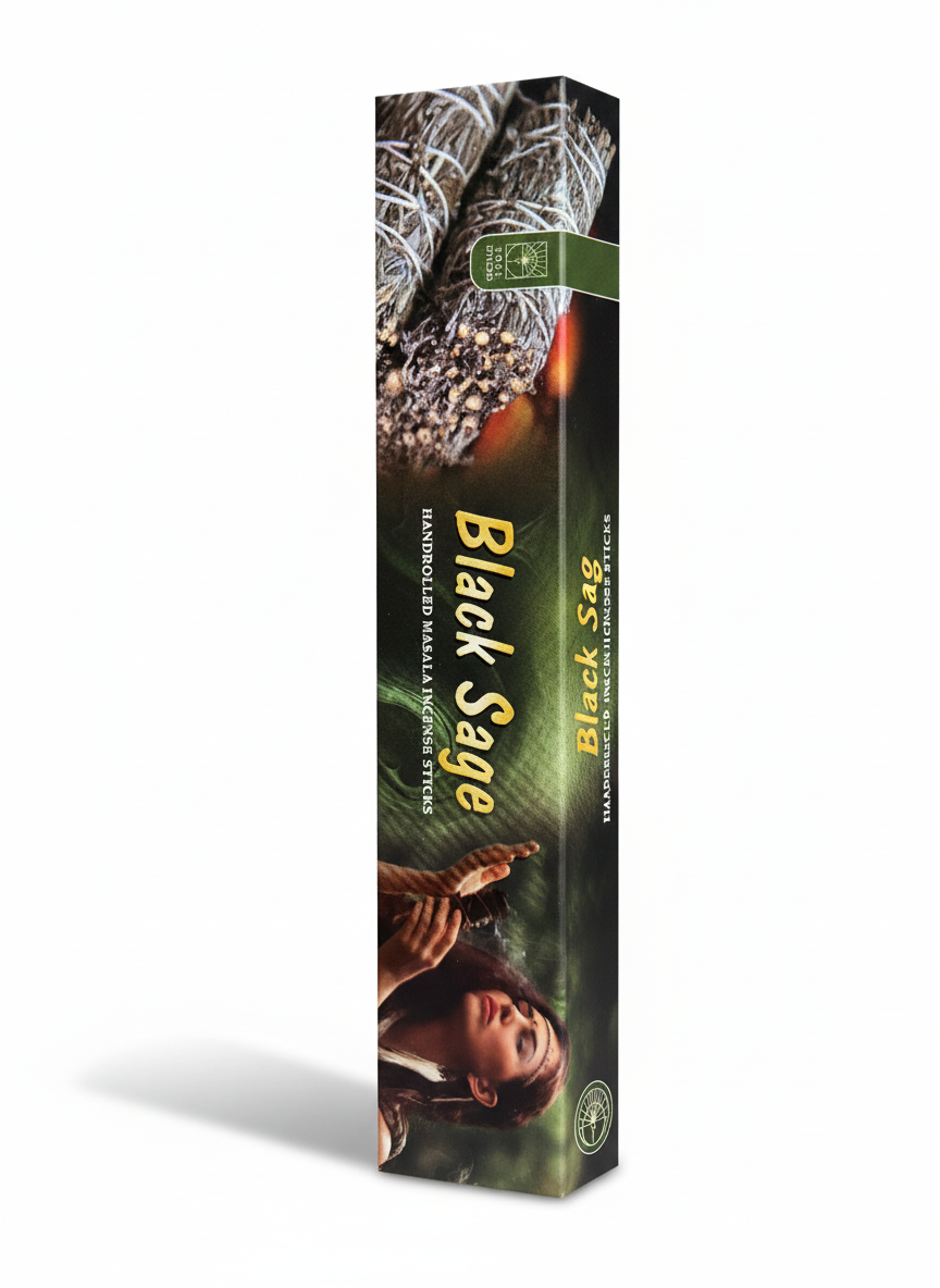 Box of Black Sage incense sticks with images and text on a white background