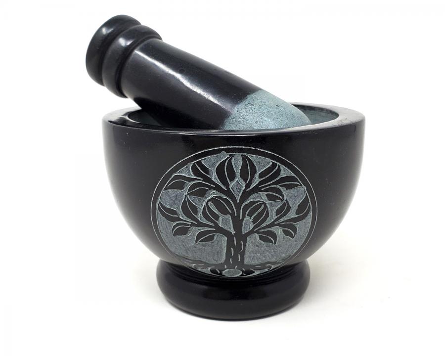Tree of Life Carved Black Soapstone Mortar and Pestle