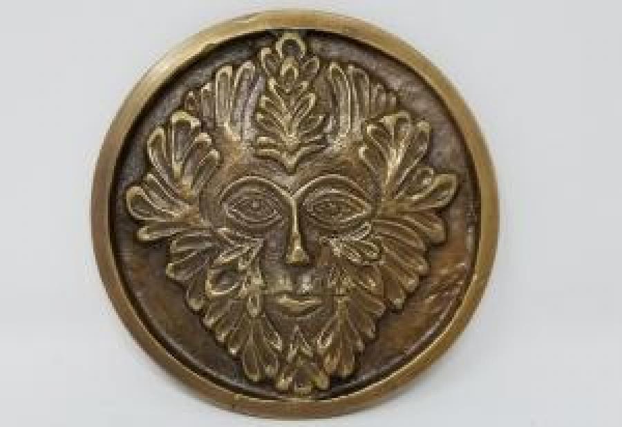 Solid Brass Green Man Altar Tile – Honey Gold Finish (3.5")
