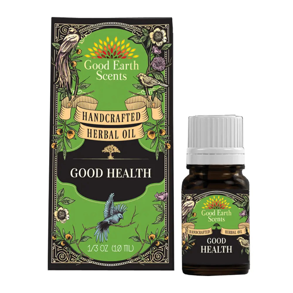 Good Earth Scents Good Health herbal oil packaging and bottle on a white background
