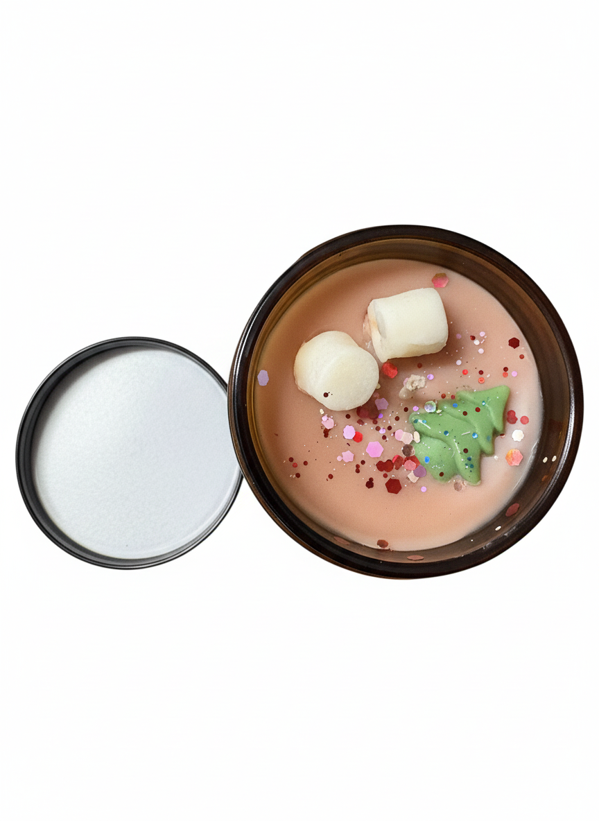 Hot chocolate with marshmallows and a Christmas tree decoration in a candle on a white background
