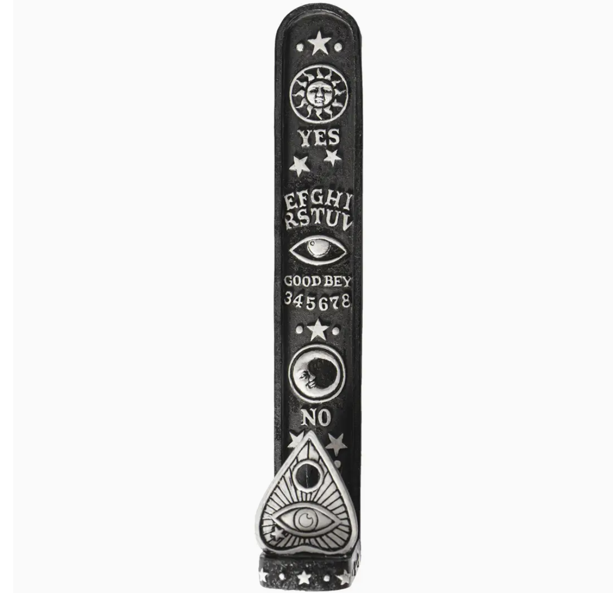 Black and white spirit board with symbols and letters on a white background incense burner