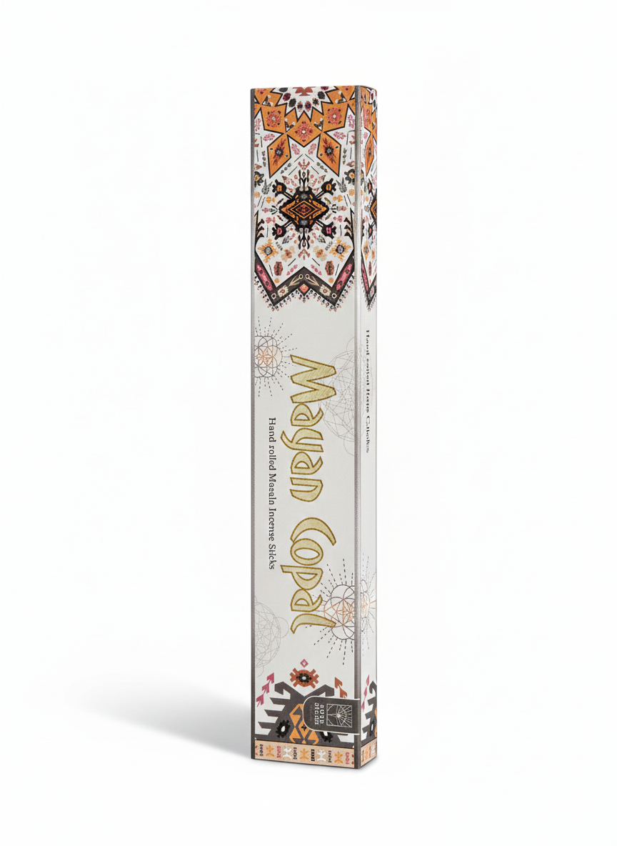 Decorative Mayan Copal incense stick box on a white background