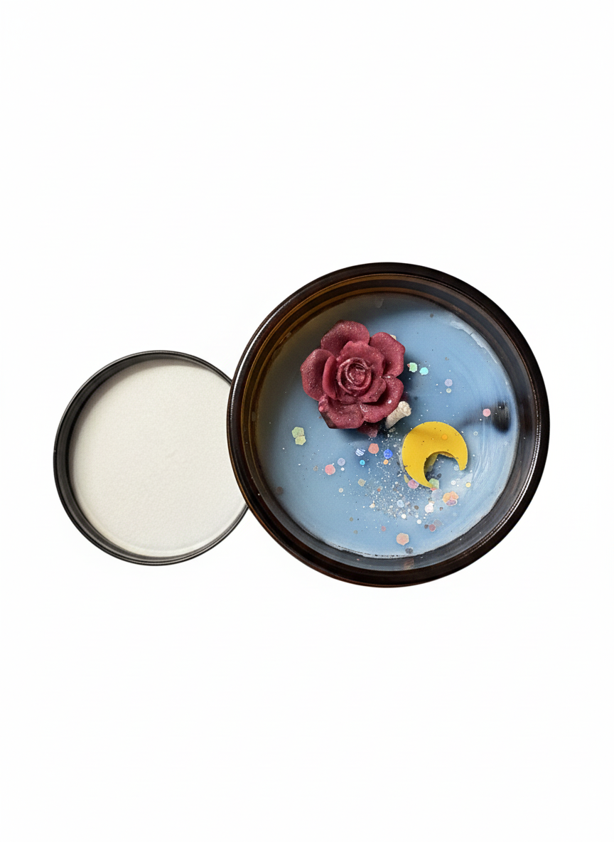 Decorative candle tin with a rose and moon design on a white background