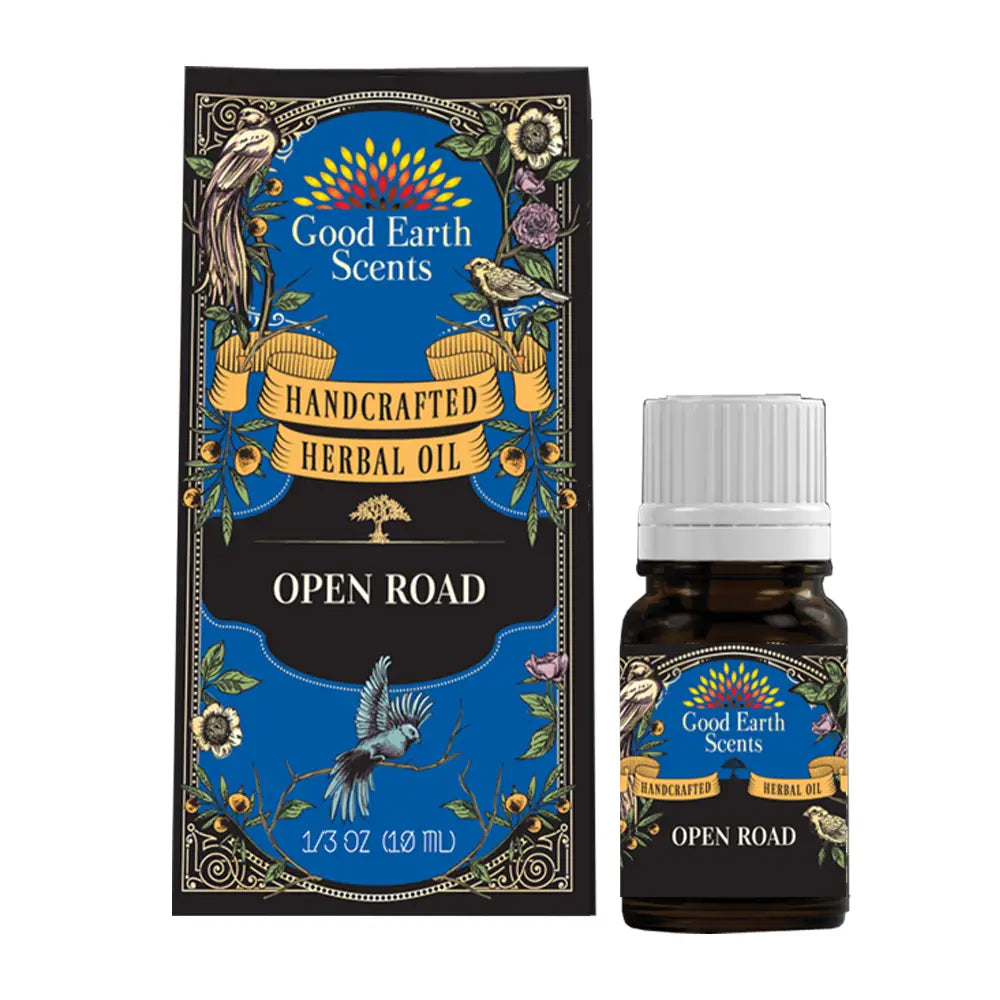 Good Earth Scents Open Road herbal oil packaging and bottle on a white background