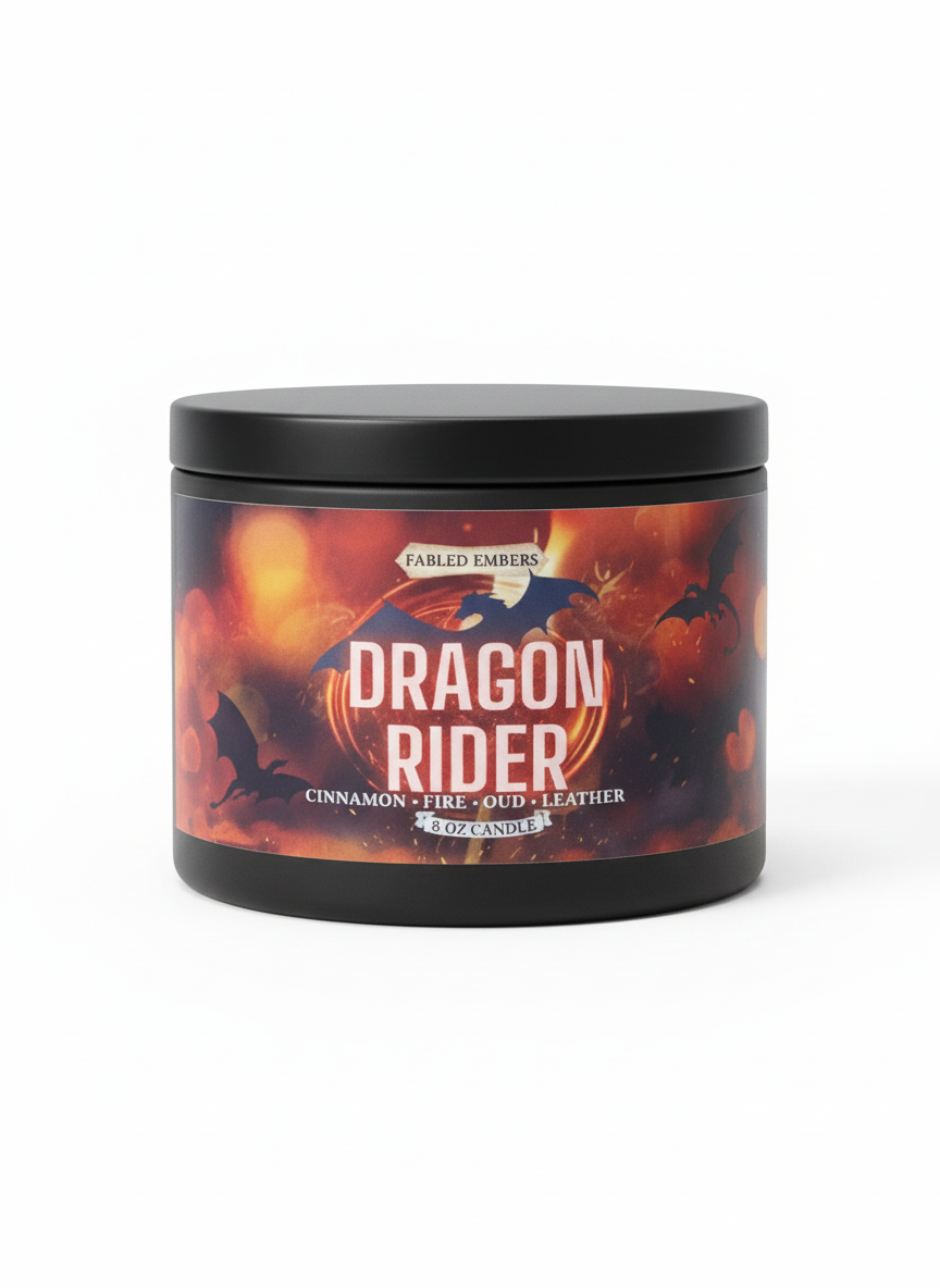 Candle jar labeled 'Dragon Rider' with fiery design on a white background