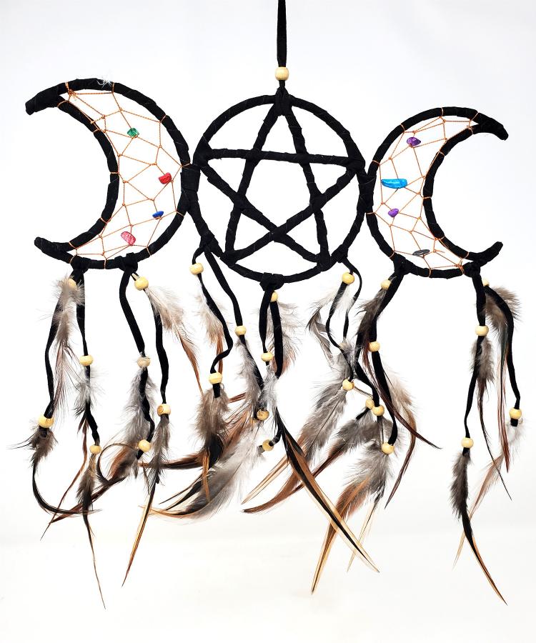 Triple Moon Pentagram Dream Catcher – Black (3.5" x 9")