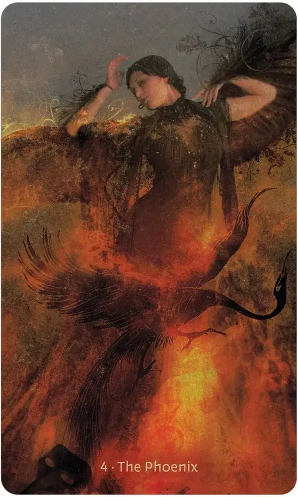 Card featuring a phoenix rising from the ashes with a person holding its wings, on a dark background.