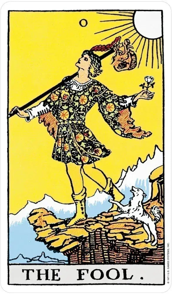 Tarot card titled 'The Fool' with a person standing on a rock, a dog, and mountains in the background.