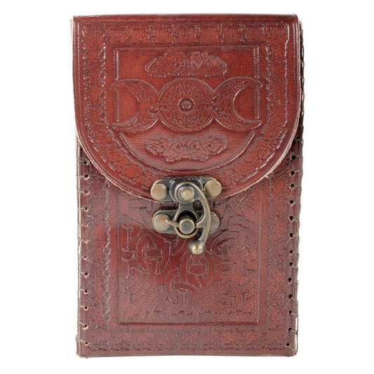 Brown leather-bound tarot card box with embossed design and metal clasp on a white background