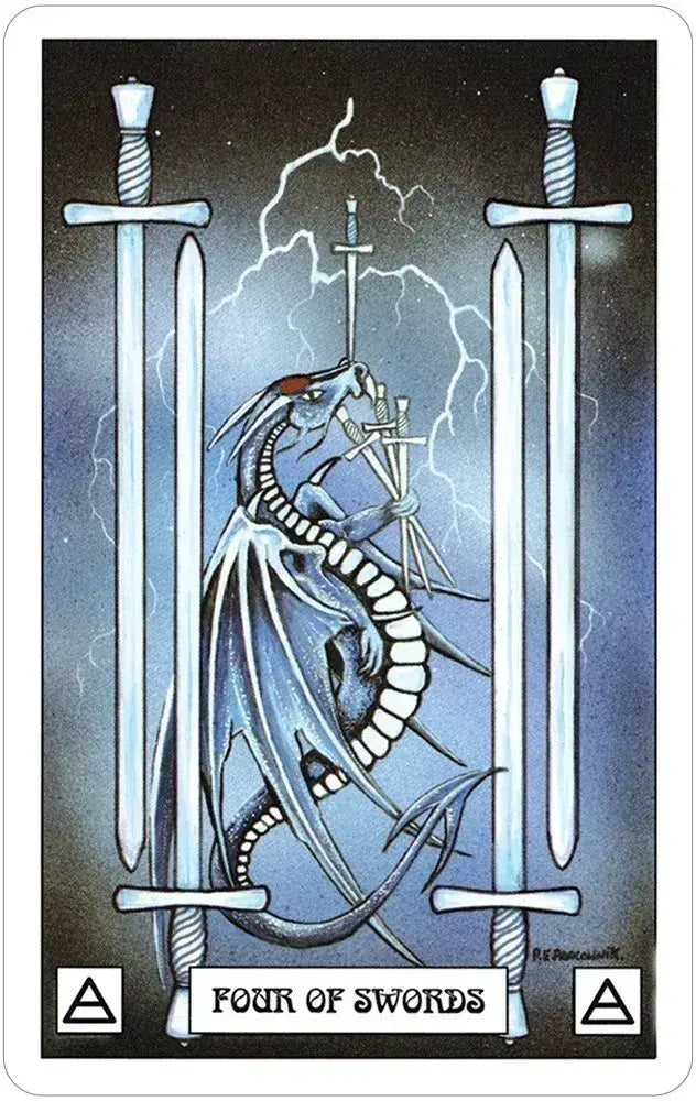 Four of Swords tarot card with dragon and swords on a dark background