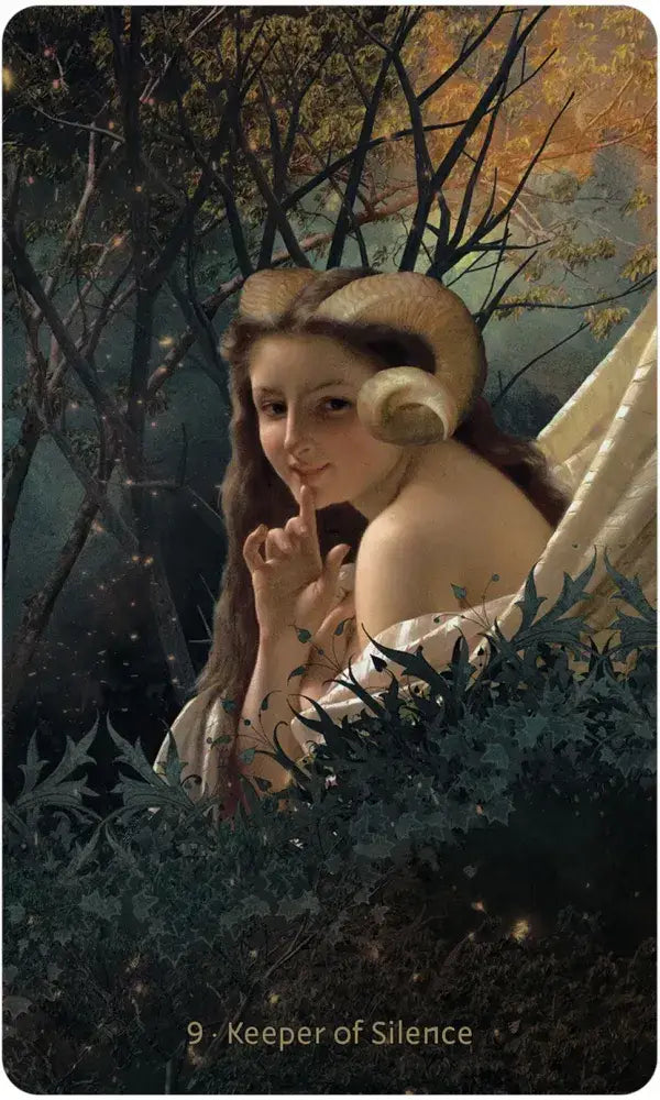 Woman with ram's horns in a forest setting, labeled 'Keeper of Silence'.