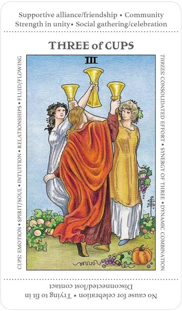 Three of Cups tarot card with three people holding cups in a garden setting.
