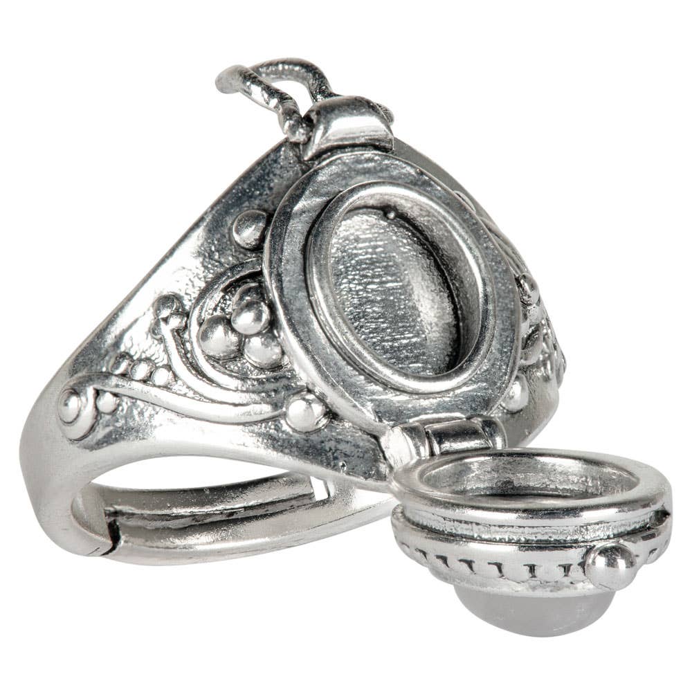 Silver ring with an open locket on a white background