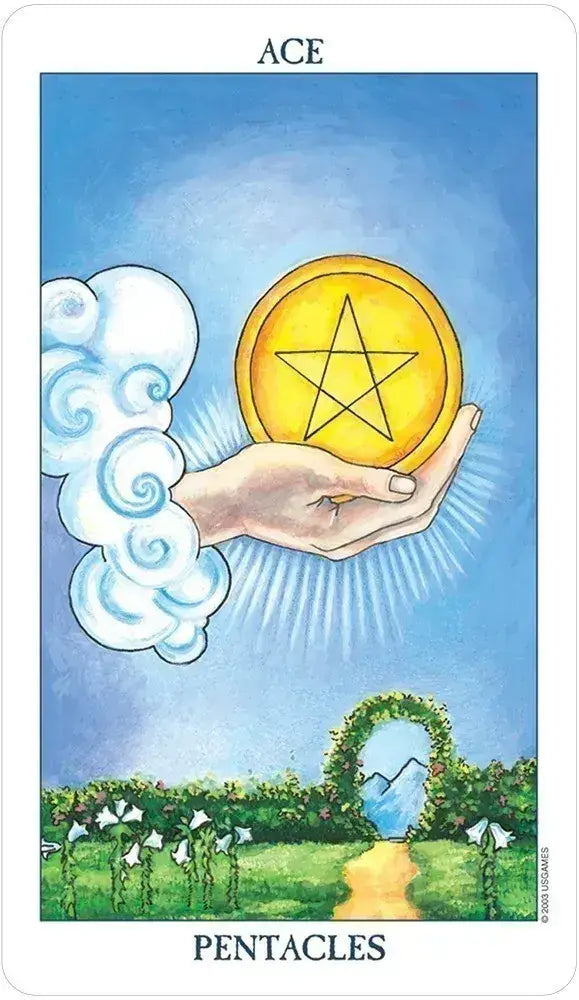 Tarot card featuring a hand holding a gold coin with a star symbol, set against a blue sky with clouds and green landscape.