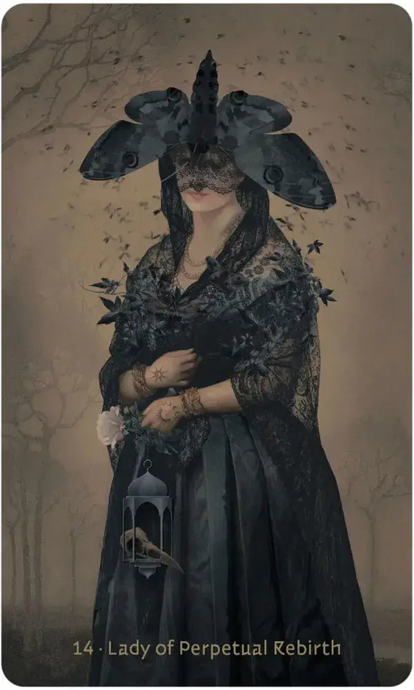 Woman in a dark, ornate dress with a large hat and birdcage against a forest background