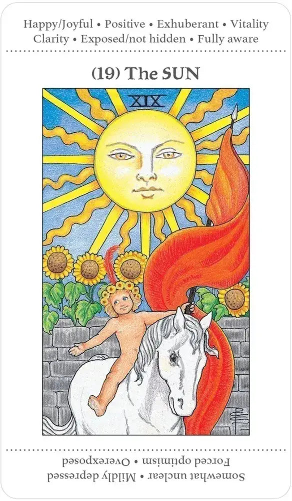 Tarot card featuring a sun with a child on a horse, surrounded by flowers.