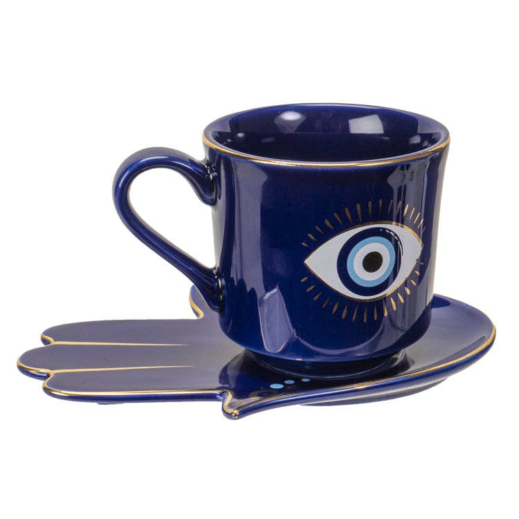 7oz Evil Eye Blue Tea Cup & Saucer