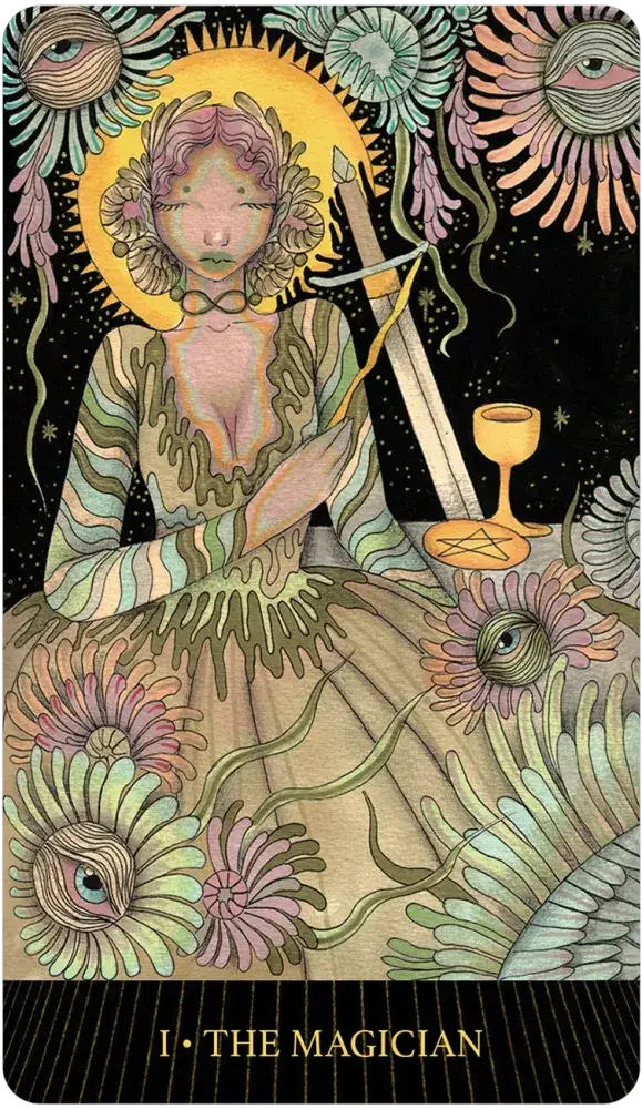Tarot card featuring 'The Magician' with a stylized illustration of a person in a dress surrounded by flowers and symbols.