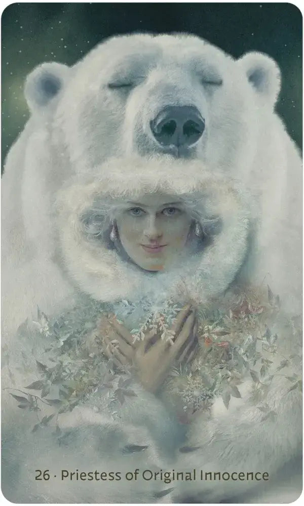 Illustration of a polar bear embracing a woman with flowers, titled 'Priestess of Original Innocence'.