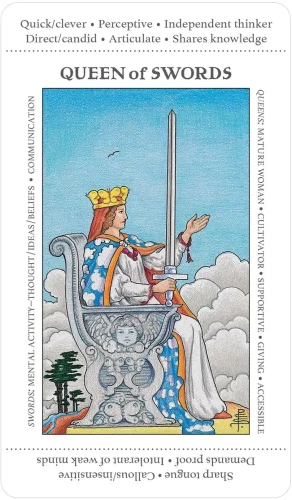 Tarot card featuring the 'Queen of Swords' with a woman holding a sword against a blue sky.