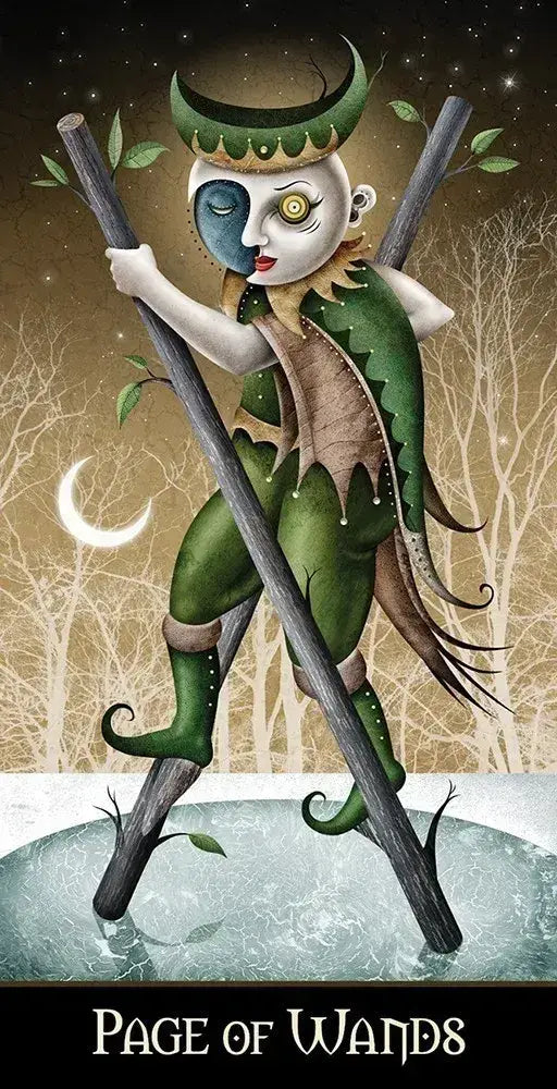 Fairy-like character holding wands with a mystical forest background, labeled 'Page of Wands'.