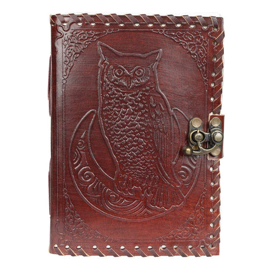 Brown leather notebook with owl design and lock on a white background