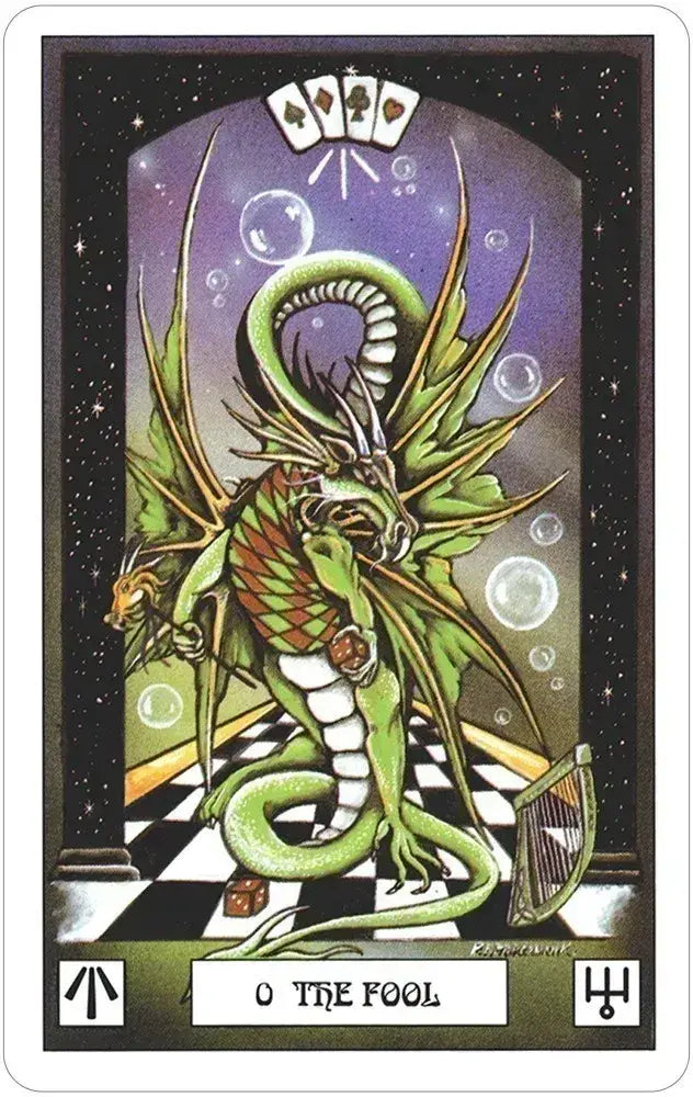 Card featuring a green dragon with playing card symbols above it, on a black border.