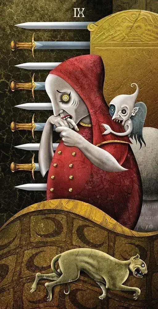 Artistic depiction of a hooded figure with a small creature, surrounded by swords and a panther, on a detailed background.