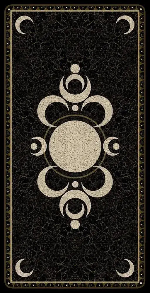 Decorative card with central emblem and crescent moon symbols on a black background