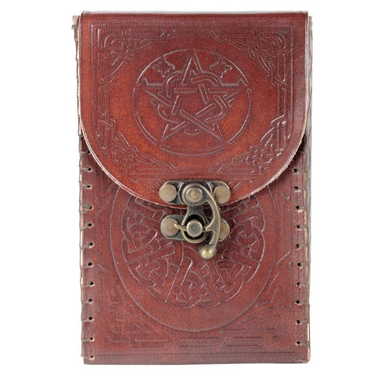 Brown leather pouch with pentagram design and metal clasp on a white background