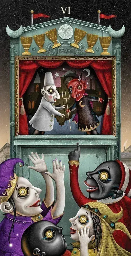 Decorative card with theater stage, masks, and colorful costumes against a dark background