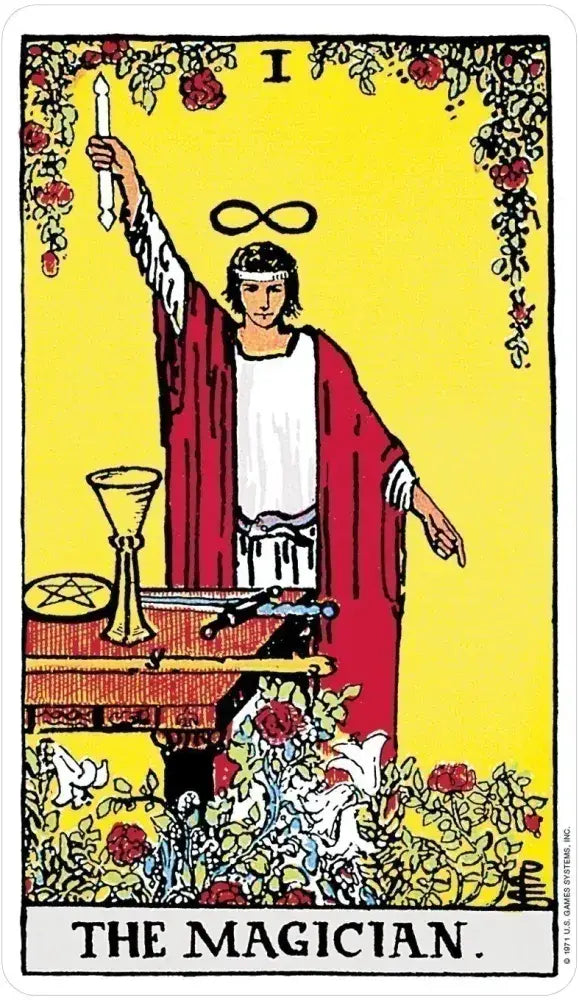 Tarot card featuring 'The Magician' with a person in red robes holding a candle against a yellow background.