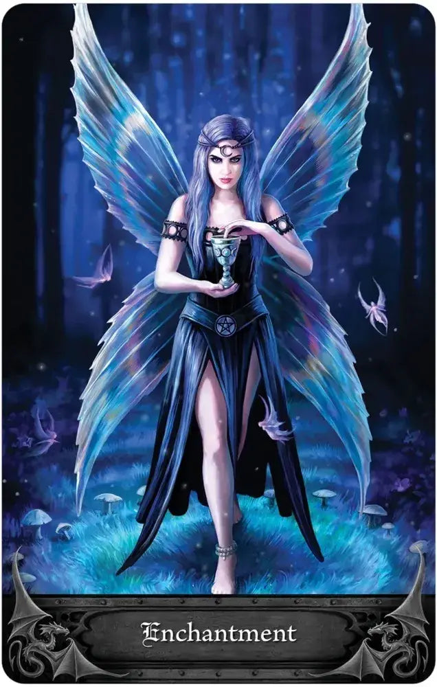 Fairy with wings holding a cup in a mystical setting, labeled 'Enchantment'.