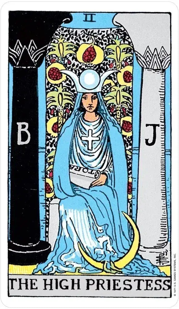 Tarot card featuring 'The High Priestess' with a figure in blue robes and a headdress.