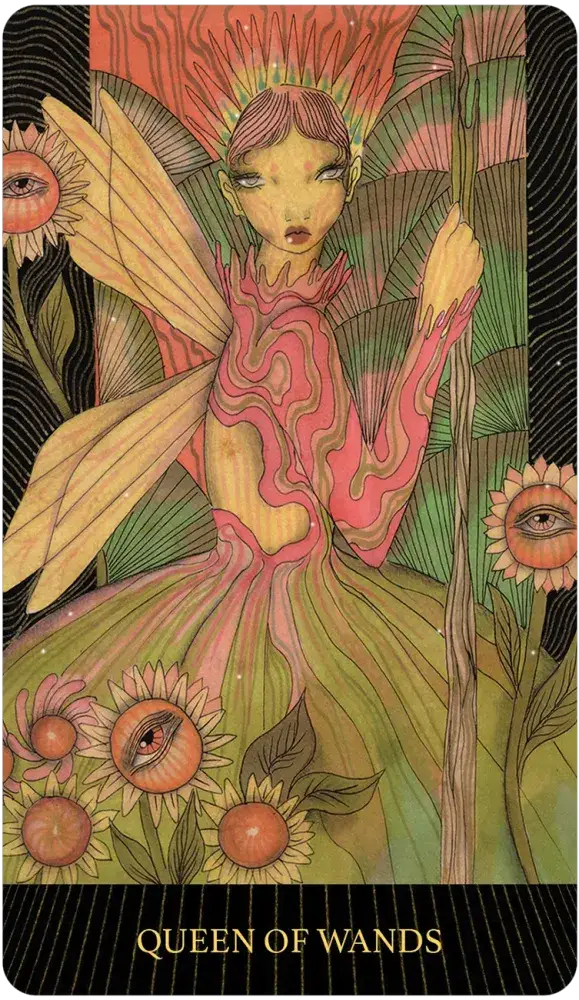 Card featuring an illustration of a fairy with wings and floral elements, labeled 'Queen of Wands'.