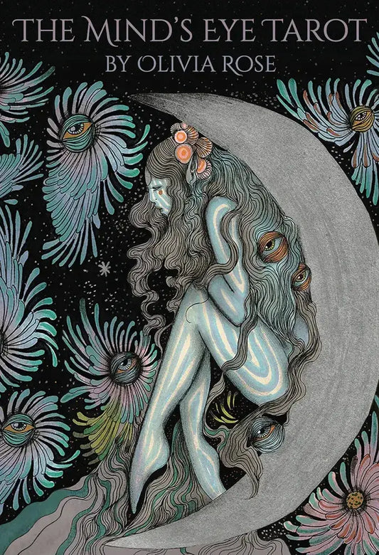 cover of 'The Mind's Eye Tarot' by Olivia Rose with an illustration of a woman on a crescent moon surrounded by flowers.