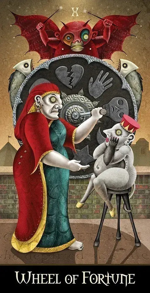 Artistic depiction of a tarot card titled 'Wheel of Fortune' with a central figure and symbols.