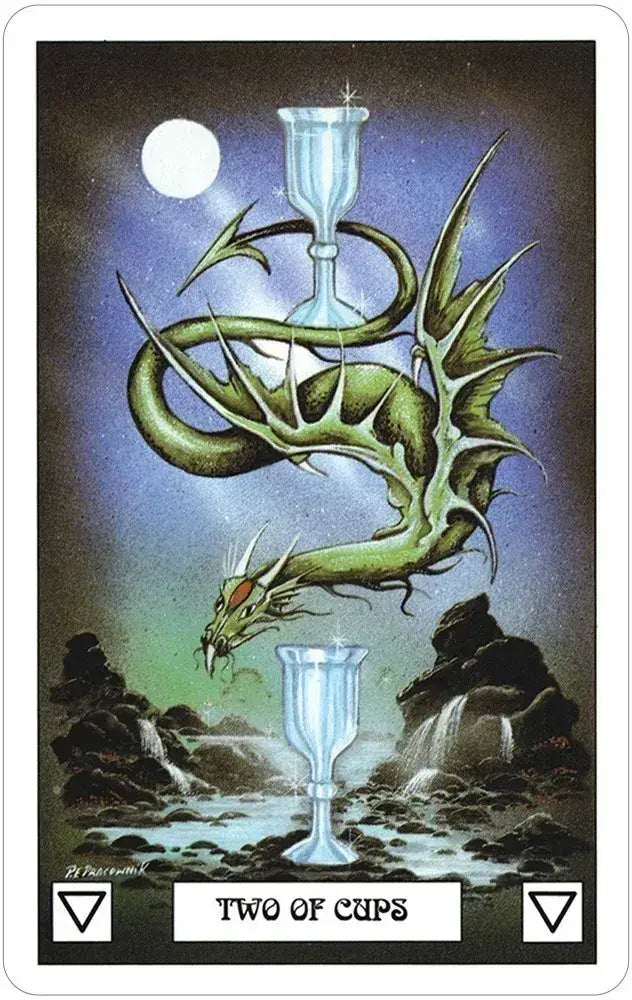 Two of Cups tarot card with a dragon and chalice against a dark background