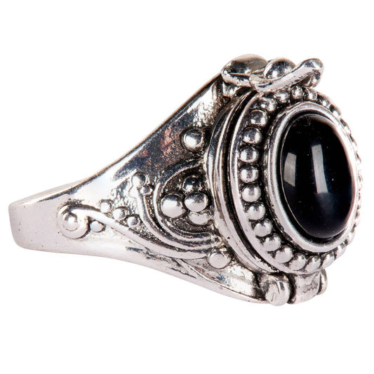 Silver ring with a black gemstone on a white background