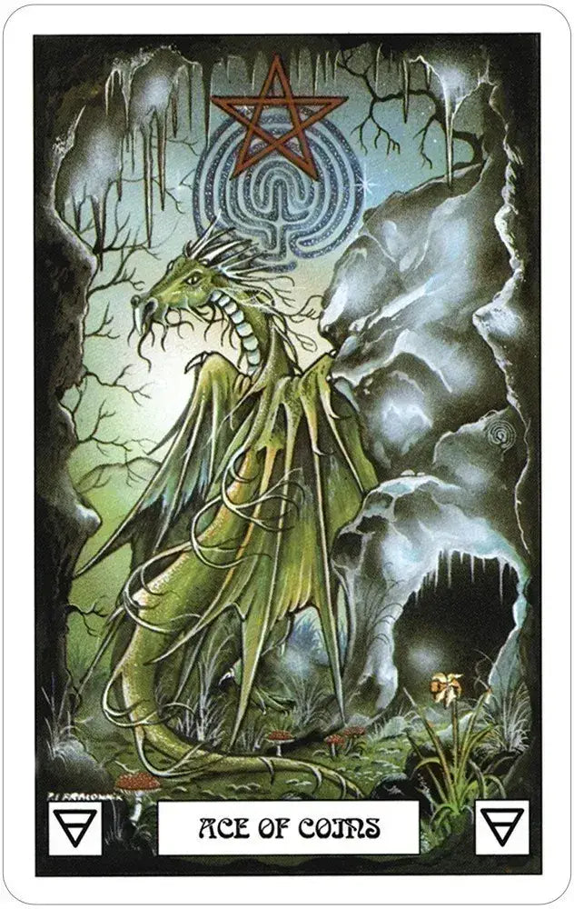 Card featuring a green dragon with a pentagram symbol in a mystical forest setting