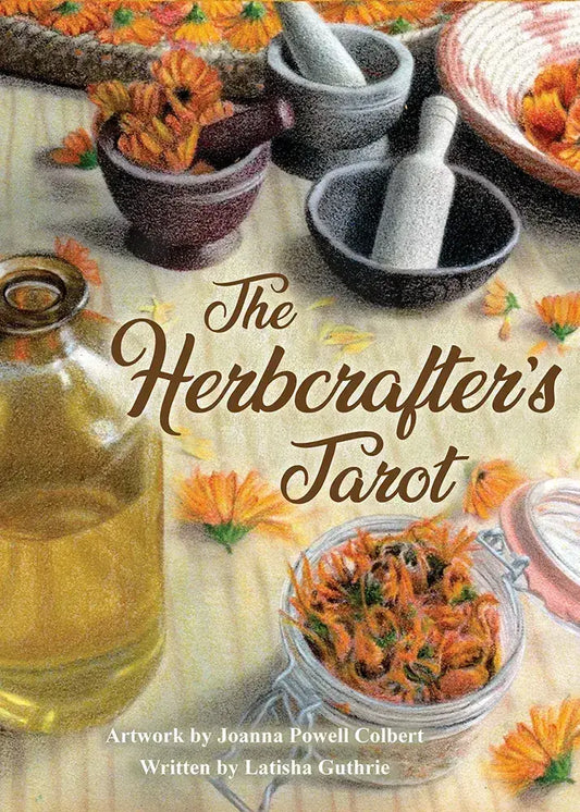 Cover of 'The Herbcrafters Tarot' with herbs, bottles, and mortar and pestle on a textured background.