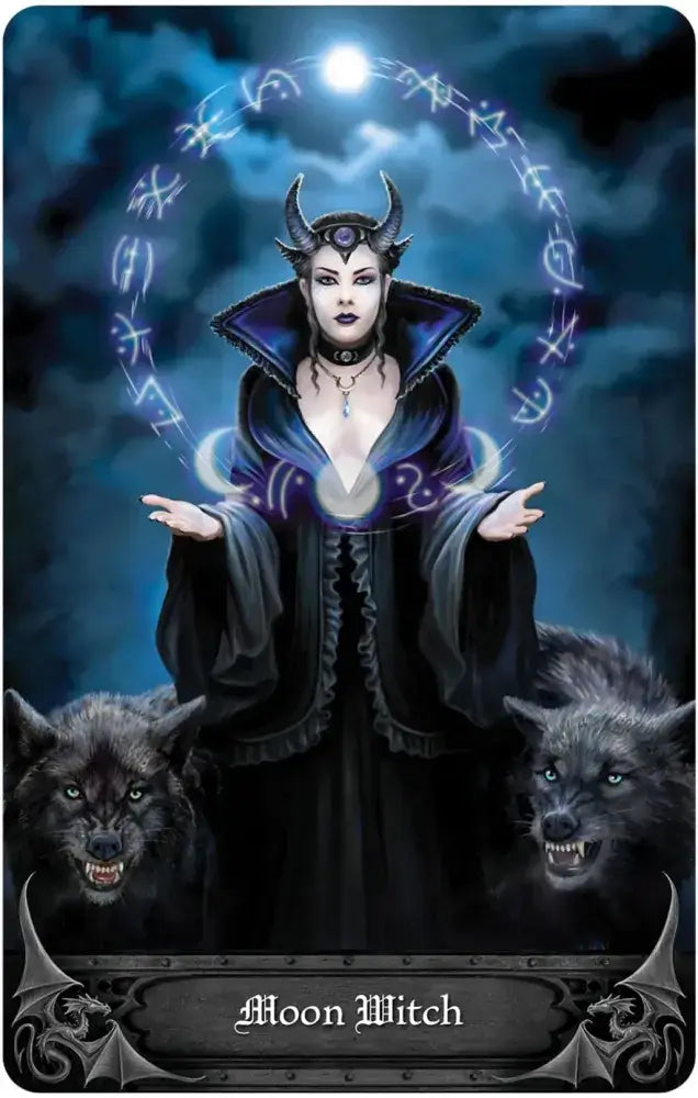 Card featuring a witch with wolves and astrological symbols against a dark background