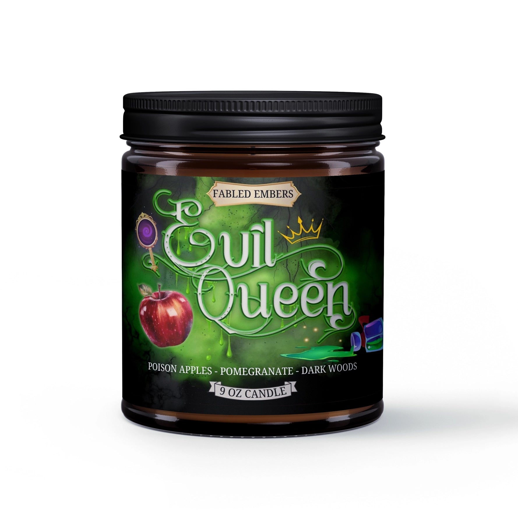 Candle jar labeled 'Evil Queen' with a green label and black lid on a white background